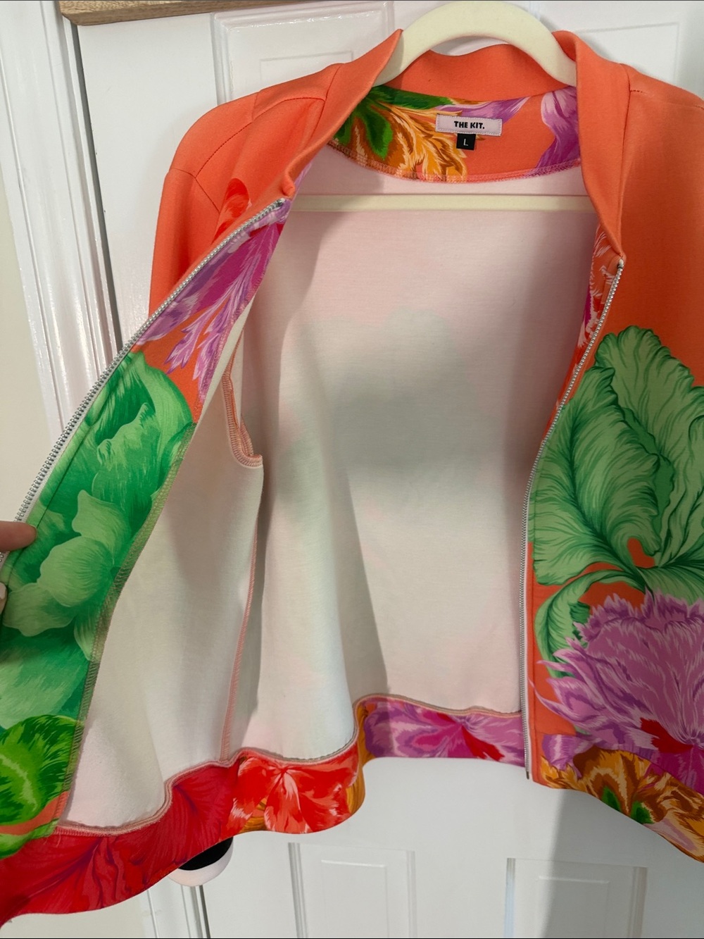 The Kit Bomber Cardigan Multi Iris Floral Zip Up Coral Size L | Retails $108 - Picture 7 of 9